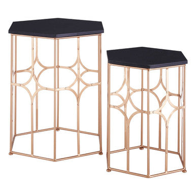 Set of 2 Black Hexagon Top Nesting Side Tables with Rose Gold Metal Frames, Lexa