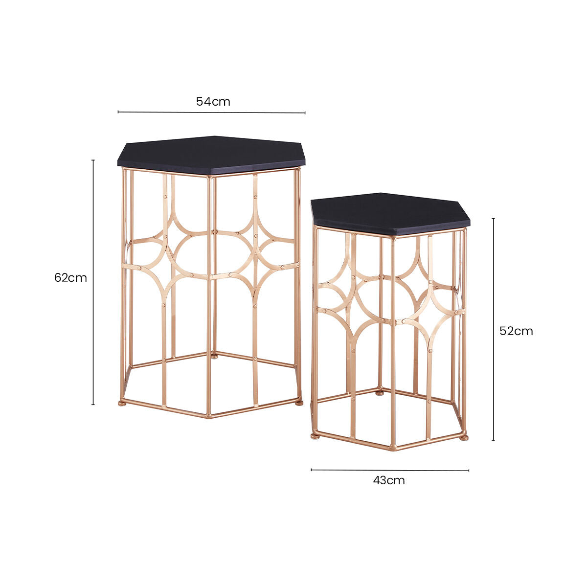 Set of 2 Black Hexagon Top Nesting Side Tables with Rose Gold Metal Frames, Lexa