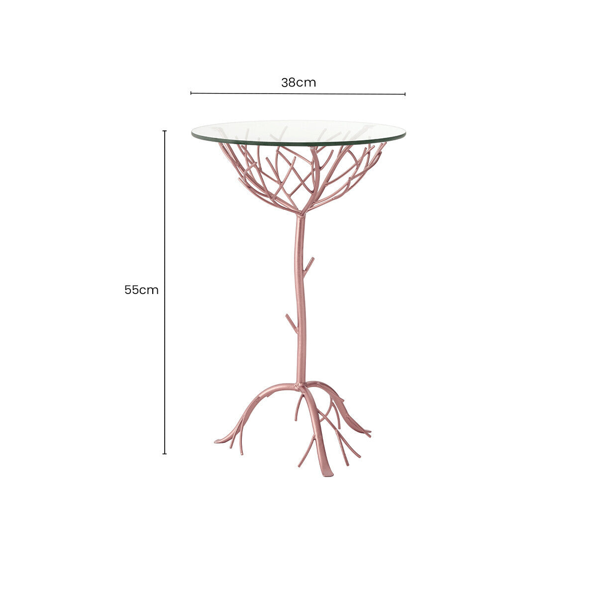 Rose Gold Galass Top Round Table with Branch Detailing, Lexa