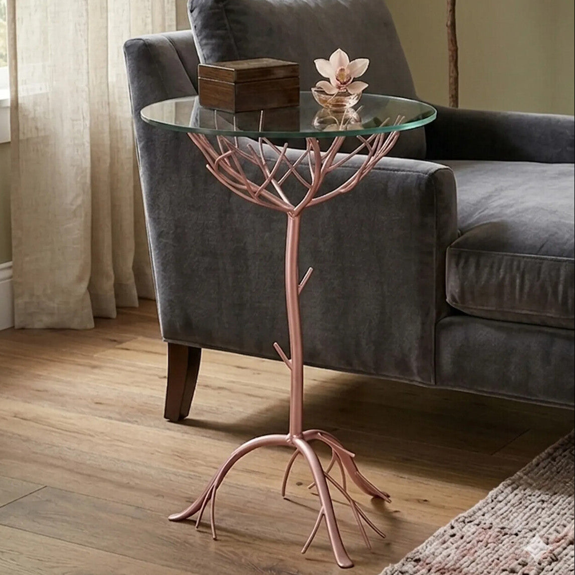 Rose Gold Galass Top Round Table with Branch Detailing, Lexa