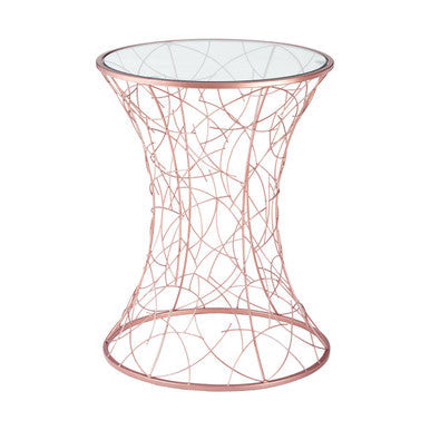 Concave Glass Top Round Table with Rose Gold Hourglass Frame, Lexa