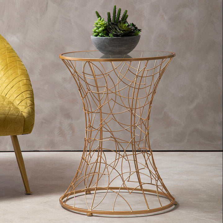 Concave Glass Top Round Table with Rose Gold Hourglass Frame, Lexa