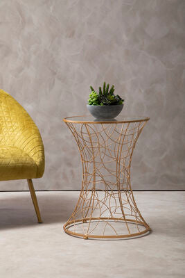 Concave Glass Top Round Table with Rose Gold Hourglass Frame, Lexa