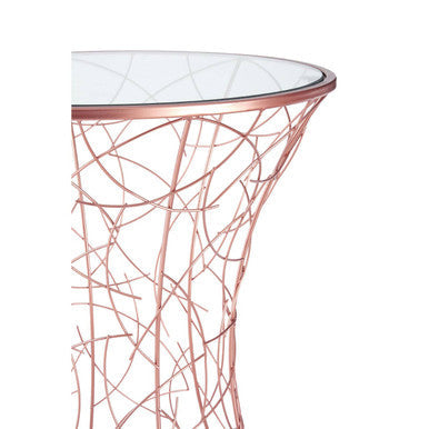 Concave Glass Top Round Table with Rose Gold Hourglass Frame, Lexa