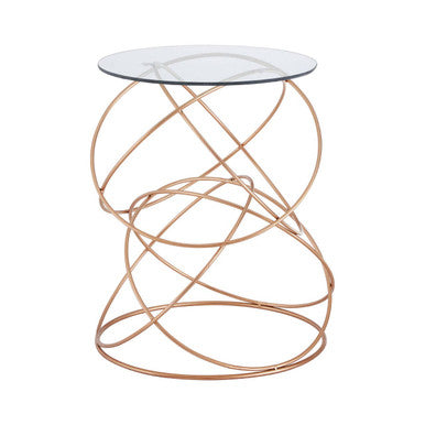 Rose Gold Round Table with Tempered Glass Surface and Geometric Detailing, Lexa