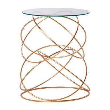 Rose Gold Round Table with Tempered Glass Surface and Geometric Detailing, Lexa