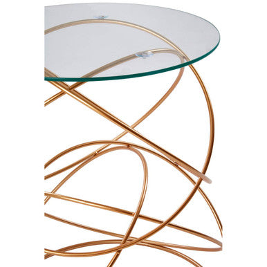 Rose Gold Round Table with Tempered Glass Surface and Geometric Detailing, Lexa