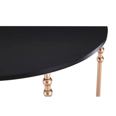 Set of 2 Matte Black MDF Tops Half Round Console Tables with Rose Gold Metal Legs, Lexa