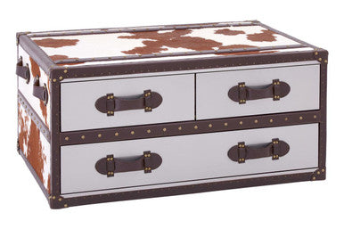 Brown and White Genuine Cowhide Coffee Table with 3 Drawers and Leather Handles, Kensington Townhouse