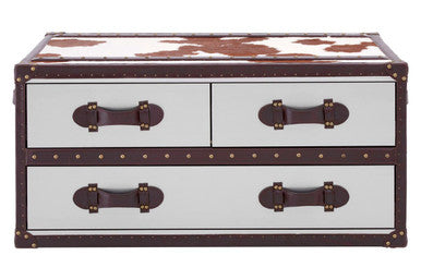Brown and White Genuine Cowhide Coffee Table with 3 Drawers and Leather Handles, Kensington Townhouse