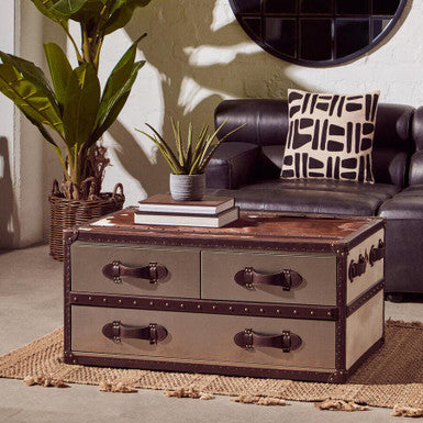 Brown and White Genuine Cowhide Coffee Table with 3 Drawers and Leather Handles, Kensington Townhouse