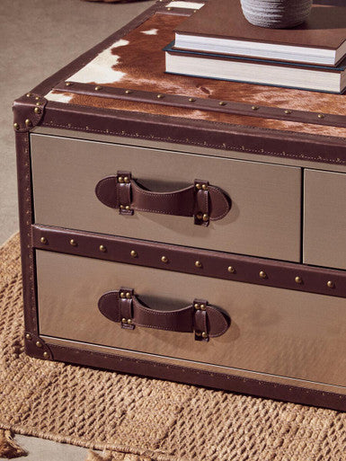 Brown and White Genuine Cowhide Coffee Table with 3 Drawers and Leather Handles, Kensington Townhouse