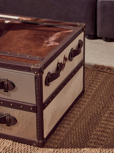 Brown and White Genuine Cowhide Coffee Table with 3 Drawers and Leather Handles, Kensington Townhouse