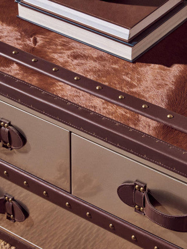Brown and White Genuine Cowhide Coffee Table with 3 Drawers and Leather Handles, Kensington Townhouse