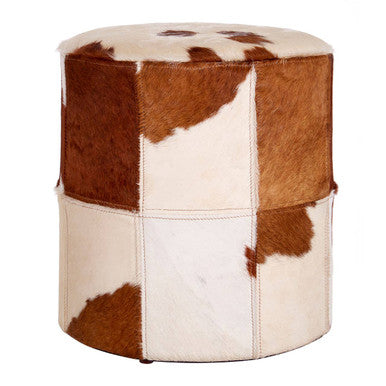 Kensington Townhouse Brown and White Hair on Leather Stool with Stitched Detail