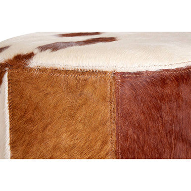 Kensington Townhouse Brown and White Hair on Leather Stool with Stitched Detail
