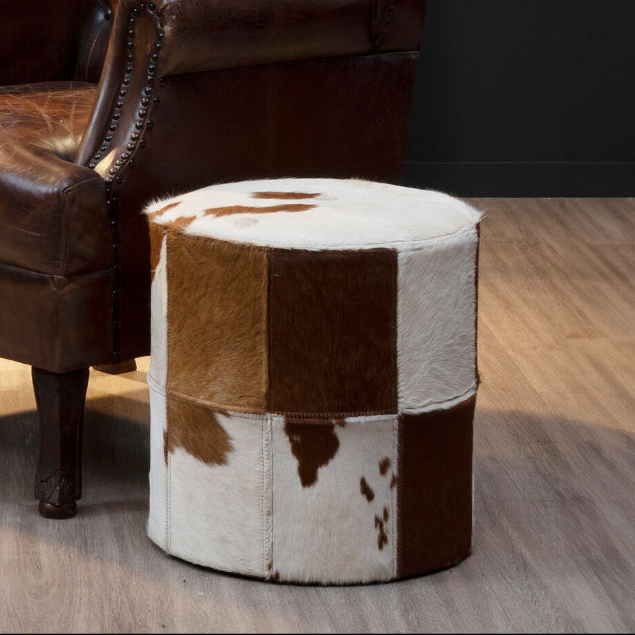 Kensington Townhouse Brown and White Hair on Leather Stool with Stitched Detail