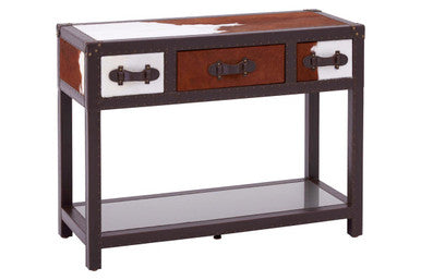 Brown and White Cowhide 3-Drawer Console Table with Leather Trim, Kensington Townhouse