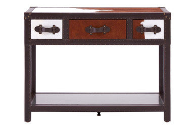 Brown and White Cowhide 3-Drawer Console Table with Leather Trim, Kensington Townhouse