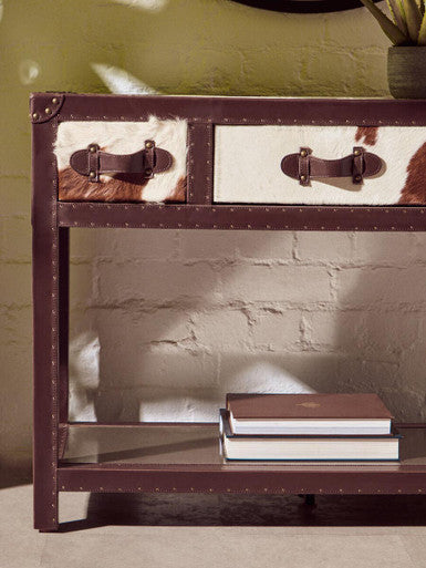 Brown and White Cowhide 3-Drawer Console Table with Leather Trim, Kensington Townhouse
