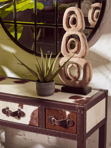 Brown and White Cowhide 3-Drawer Console Table with Leather Trim, Kensington Townhouse
