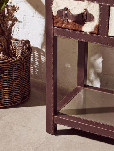Brown and White Cowhide 3-Drawer Console Table with Leather Trim, Kensington Townhouse