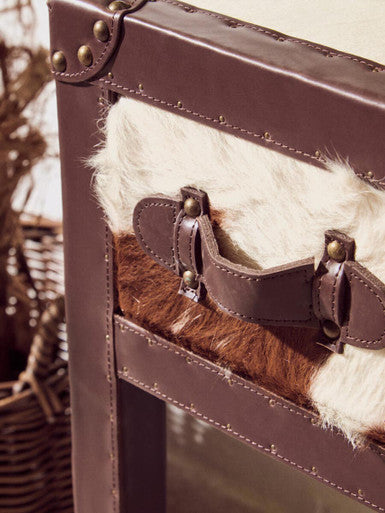 Brown and White Cowhide 3-Drawer Console Table with Leather Trim, Kensington Townhouse