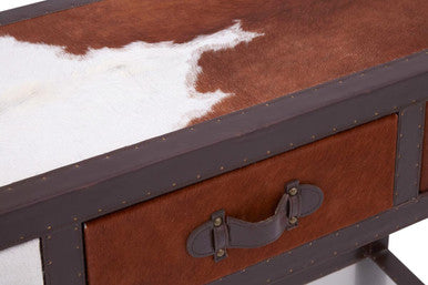 Brown and White Cowhide 3-Drawer Console Table with Leather Trim, Kensington Townhouse