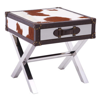 Brown and White Cowhide 1-Drawer Bedside Table with Leather Handle, Kensington Townhouse