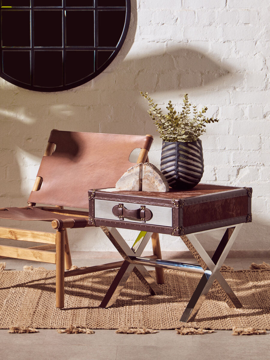 Brown and White Cowhide 1-Drawer Bedside Table with Leather Handle, Kensington Townhouse