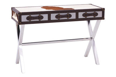Brown and White Genuine Cowhide 3-Drawer Console Table with Crossed Stainless Steel Legs, Kensington Townhouse