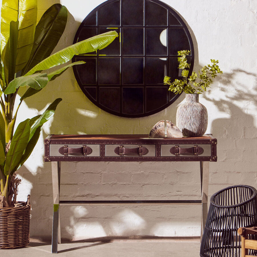 Brown and White Genuine Cowhide 3-Drawer Console Table with Crossed Stainless Steel Legs, Kensington Townhouse