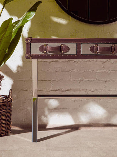 Brown and White Genuine Cowhide 3-Drawer Console Table with Crossed Stainless Steel Legs, Kensington Townhouse
