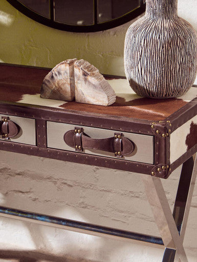 Brown and White Genuine Cowhide 3-Drawer Console Table with Crossed Stainless Steel Legs, Kensington Townhouse