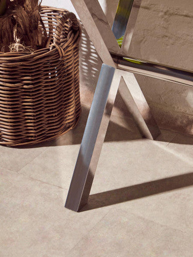 Brown and White Genuine Cowhide 3-Drawer Console Table with Crossed Stainless Steel Legs, Kensington Townhouse