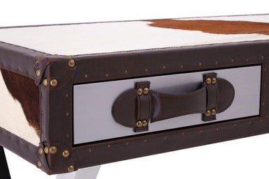 Brown and White Genuine Cowhide 3-Drawer Console Table with Crossed Stainless Steel Legs, Kensington Townhouse
