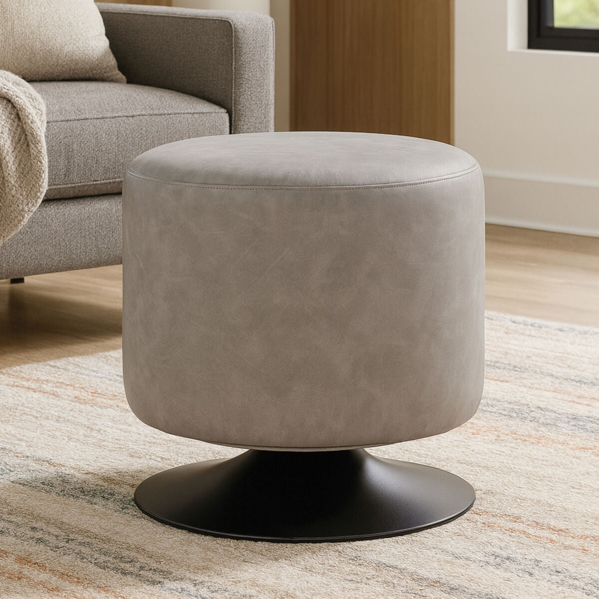 Dalston Grey Leather Effect Pouffe with Cushion