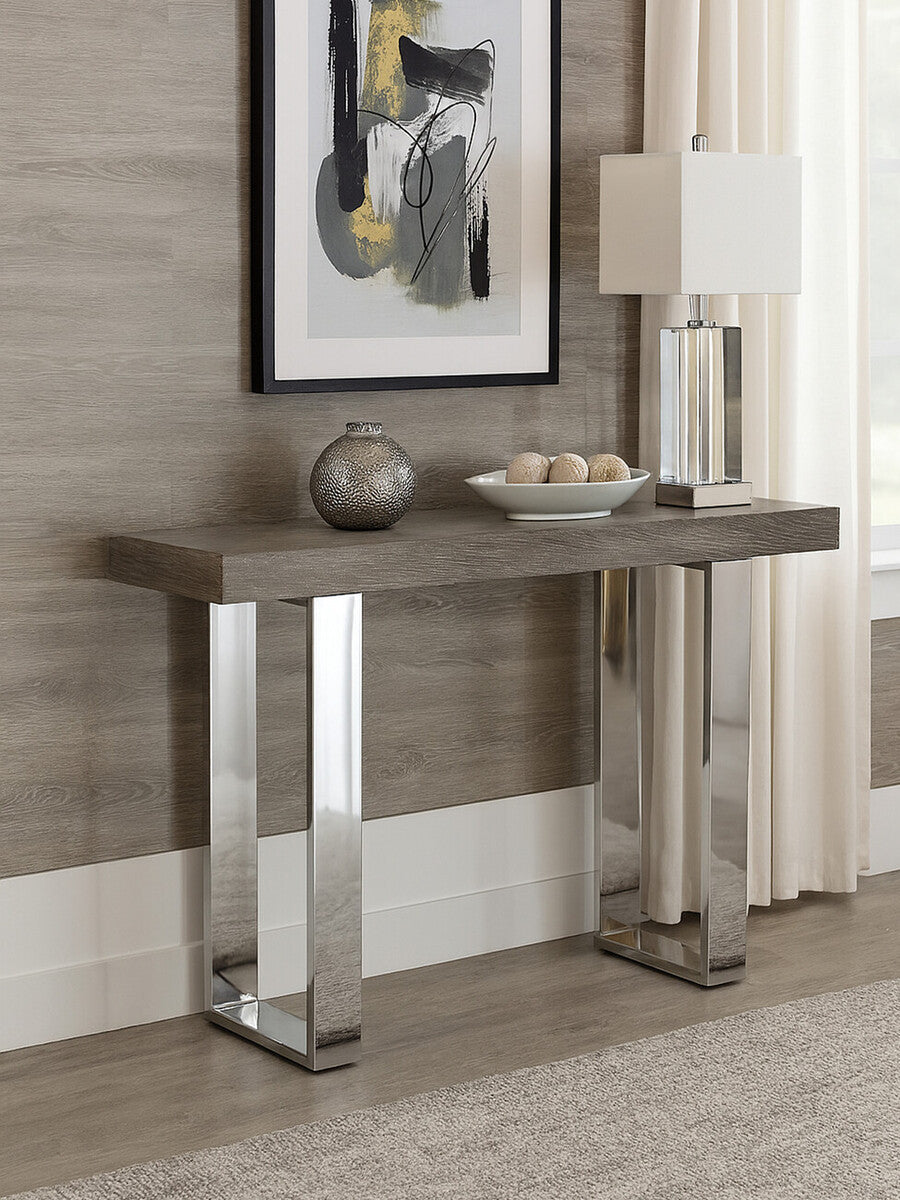 Grey Elm Wood Console Table with Stainless Steel U-Shape Legs | Ulmus