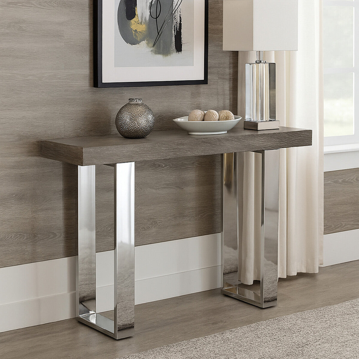 Grey Elm Wood Console Table with Stainless Steel U-Shape Legs | Ulmus