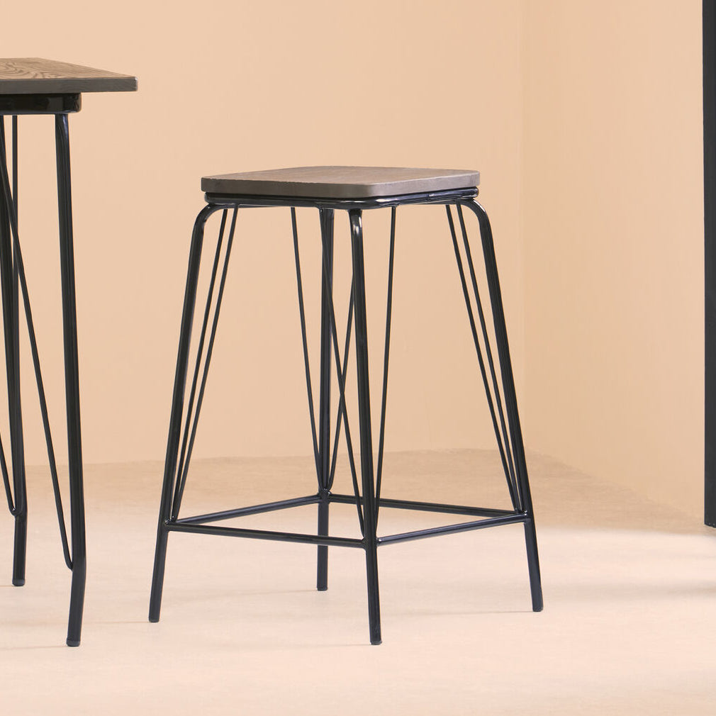 District Black Elm Wood Stool with Black Metal Frame
