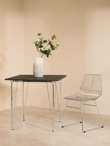 Silver Chrome Metal Legs and Brown Elm Wood Top Table, District