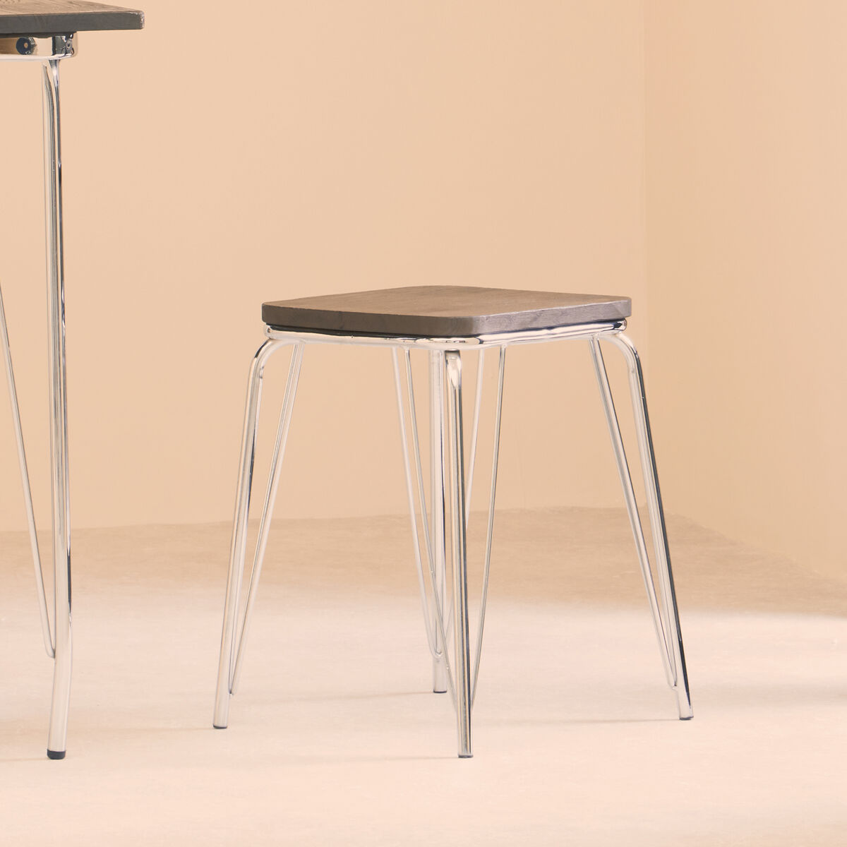 District Chrome Wood Stool with Metal Legs