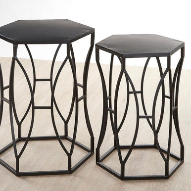 Set of 2 Black Metal Hexagon Top Side Tables with Geometric Industrial Frame, Avantis