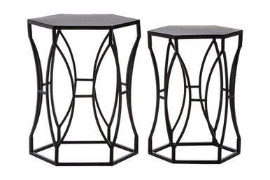 Set of 2 Black Metal Hexagon Top Side Tables with Geometric Industrial Frame, Avantis