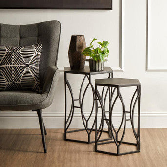 Set of 2 Black Metal Hexagon Top Side Tables with Geometric Industrial Frame, Avantis