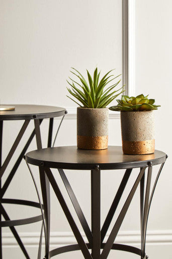 Set of 2 Black Round Metal Top Nesting Side Tables with Cross Lattice Frame, Avantis