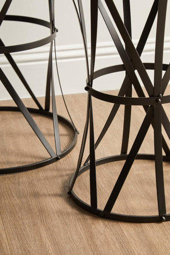 Set of 2 Black Round Metal Top Nesting Side Tables with Cross Lattice Frame, Avantis