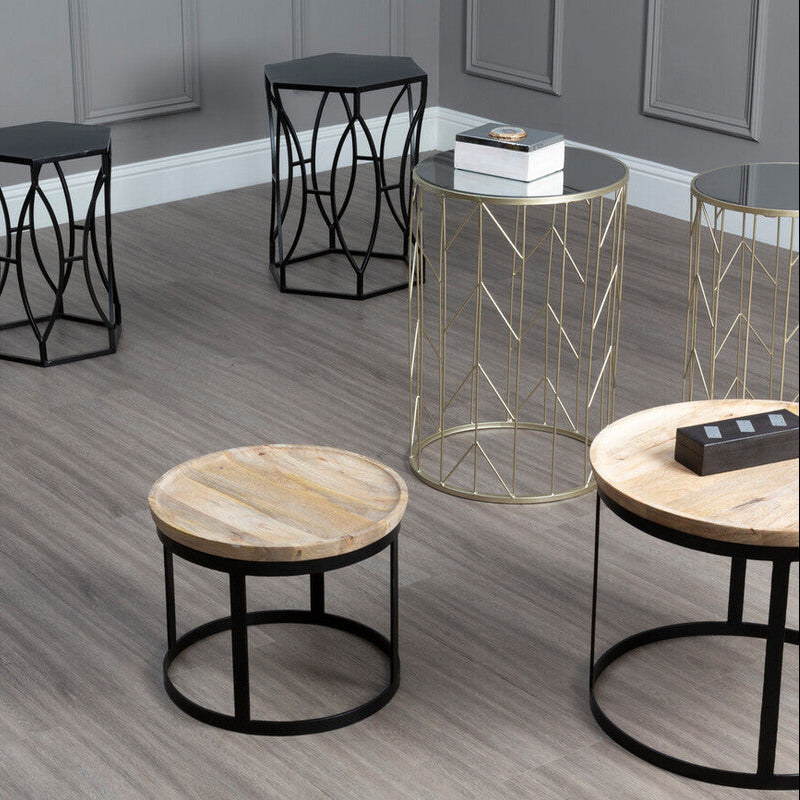 Art Deco Set of Two Champagne Finish Metal Base Side Tables with Reflective Mirrored Tops, Avantis