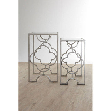 Set of 2 Tempered Glass Top Side Table with Silver Leaf Finish Base, Merlin