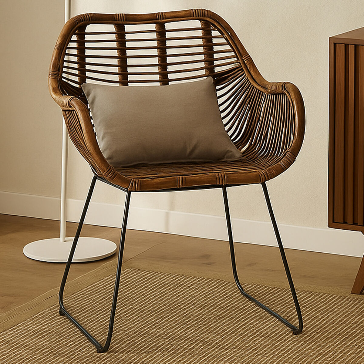 Java Natural Rattan Chair with Black Iron Legs